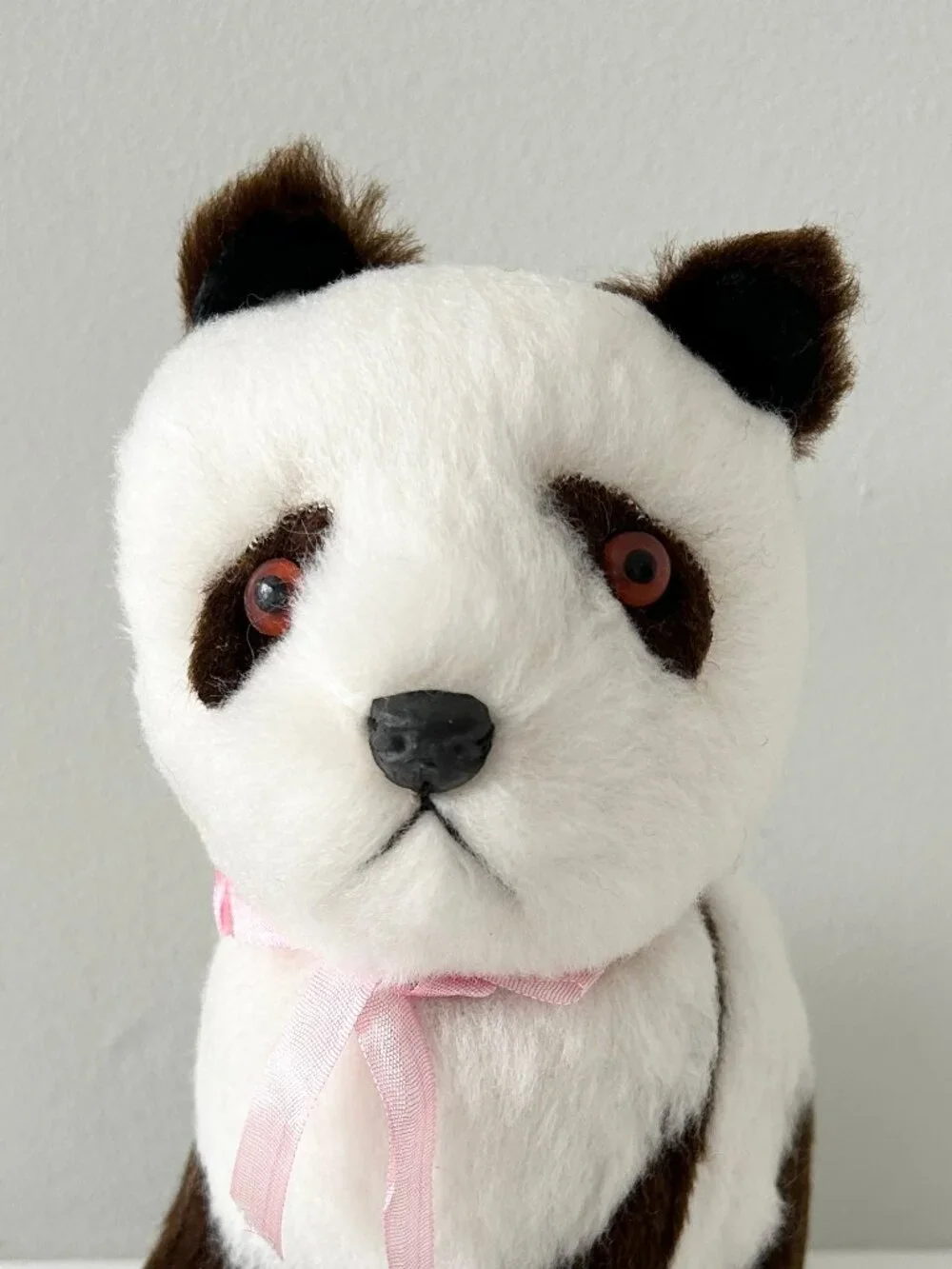 Vintage Panda Bear Plush Stuffed Animal Toy Brown Wht Fur Hard Body Pink Ribbon
